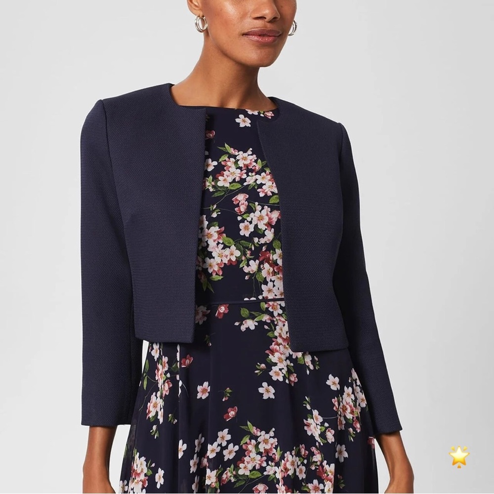 SIZE M HOBBS LONDON TEXTURED NAVY CROPPED BLAZER JACKET 3/4 SLEEVE